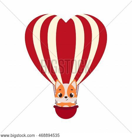 Cute Little Dog Fly On Heart Hot Air Balloon. Cartoon Animal Character For Kids Cards, Baby Shower, 