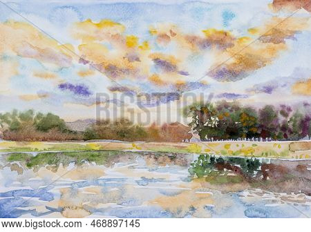 Panorama Watercolor Landscape Paintings Colorful Of River, Dam Mountain Tree With Reflection Water, 