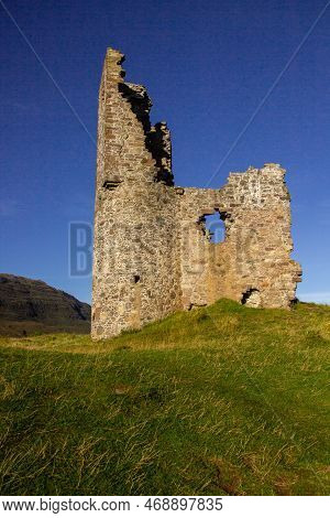 View Of The Ruined 16th Century Ardvreck Castle Over Loch Assynt, Sutherland, North West Highlands, 