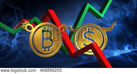 Bullish Usd To Bearish Btc Currency. Foreign Exchange Market 3d Illustration Of United States Dollar
