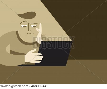 Thinking Person In Dismay Sitting At The Table With Laptop