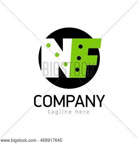 Logo Emblem Monogram Nf. Letter N F In Black Circle. White And Green