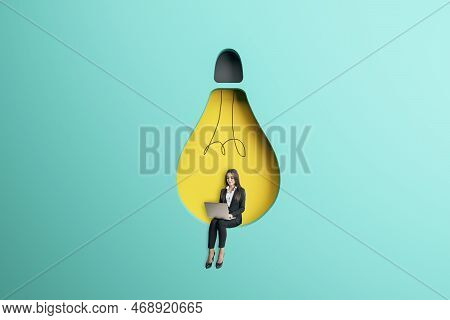 Start Up And Creative Idea Concept With Sitting In Light Blue Wall Background Hole In Form Of Yellow