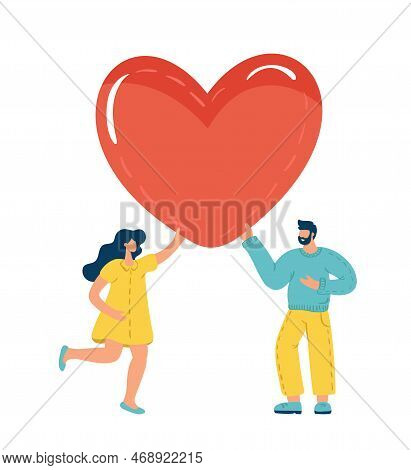 Happy Valentine Day Surprise. Tiny Man And Woman Are Holding Huge Heart Present. Loving Person, Char