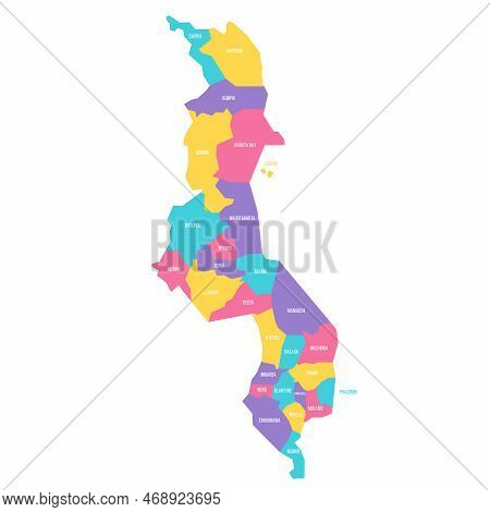 Malawi Political Map Of Administrative Divisions - Districts. Colorful Vector Map With Labels.