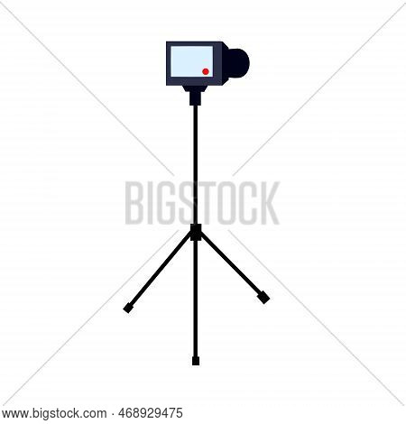 Video Camera On Tripod. Professional Photography. Photo Equipment Isolated On White