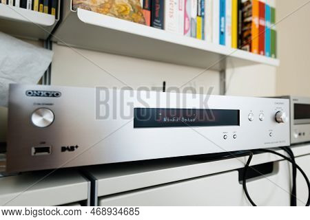 Paris, France - Dec 13, 2022: Wi-fi Setup On New Onkyo Ns-6170 Network Audio Player With Dsd Hi-res 