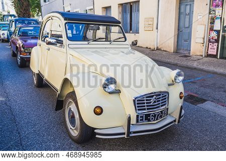Loriol Sur Drome, France - 17 September, 2022: Vintage Beige Citroen 2cv With Fabric Hinged Top. Cla