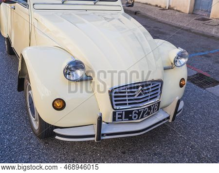 Loriol Sur Drome, France - 17 September, 2022: Vintage Beige Citroen 2cv With Fabric Hinged Top. Cla