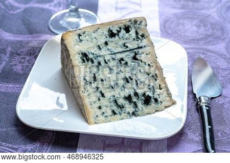 Piece Of Bleu De Laqueuille Semi-hard Aop French Blue Cheese Made From Raw Cow Milk