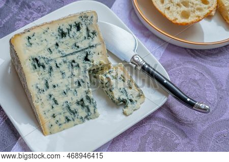 Piece Of Bleu De Laqueuille Semi-hard Aop French Blue Cheese Made From Raw Cow Milk