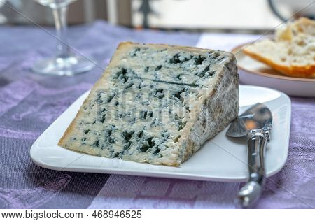 Piece Of Bleu De Laqueuille Semi-hard Aop French Blue Cheese Made From Raw Cow Milk
