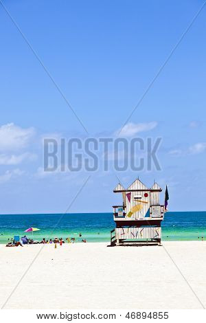 MIAMI, USA - AUG 6, 2012: wooden bay watch huts in Art deco style at south beach in Miami