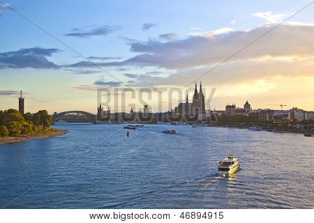 COLOGNE, GERMANY - SEP 21, 2012: ship on river Rhein by Cologne in Germany