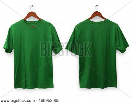 Green T-shirt Mock Up, Front And Back View, Isolated. Plain Green Shirt Mockup. Shirt Design Templat