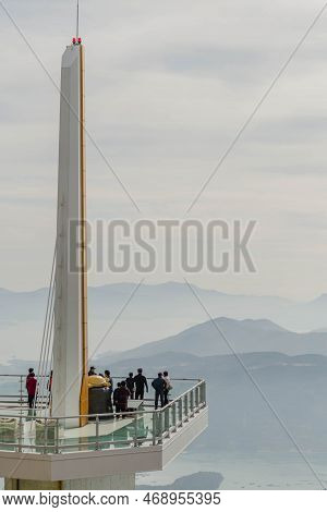 Hadong-gun, South Korea; November 24, 2022: Unidentified People On Observation Platform Looking At F
