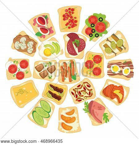 Circular Pattern With Tasty Healthy Toasts Vector Illustration. Cartoon Drawings Of Bread With Diffe