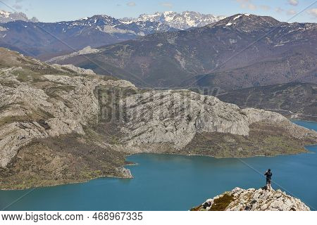 Picturesque Reservoir And Mountain Landscape In Riano. Hikker. Spain