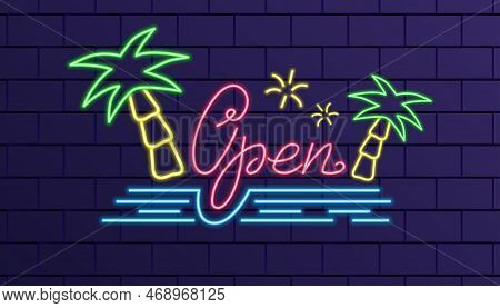 Open Neon Sign With Neon Beach And Palm Trees On A Brick Wall, Neon Art, Glowing Electric Light Symb