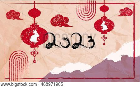 Chinese New Year paper card with Chinese Lantern, mountains with snow and clouds, greeting card, banner with ink imitation, vector art on vector paper texture.