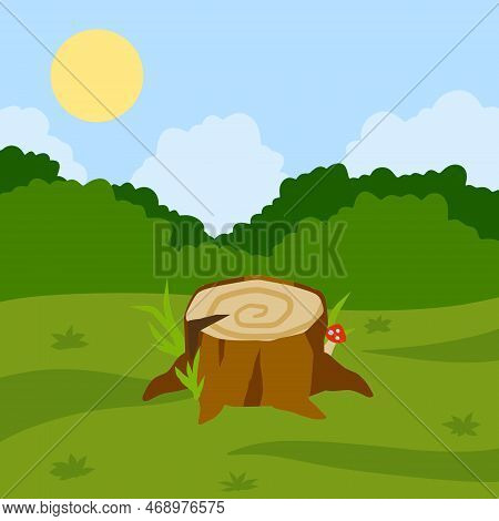 Stump In Forest Meadow. Green Field With Grass. Background For Child Drawing. Summer Nature. Funny S