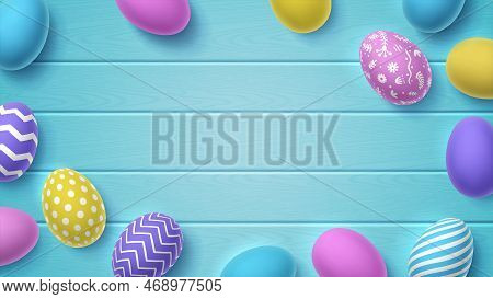 Volumetric Painted 3d Easter Eggs With Pattern On Blue Wooden Background. Bright Vector Illustration