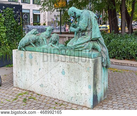 Budapest, Hungary - July 31, 2022: Sculpture Of Shepherd Playing Flute For Lambs At Elizabeth Park C