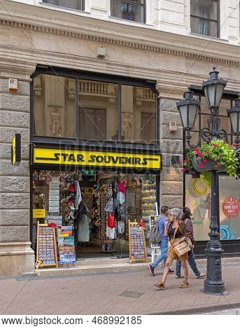 Budapest, Hungary - July 31, 2022: Star Souvenirs Shop At Vaci Street In Capital City.