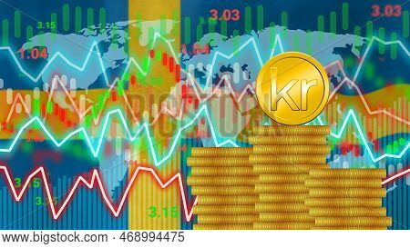 Changing Swidish Krona Value, Rate, Demand In Market And Inflation Concept With National Flag Of Ame
