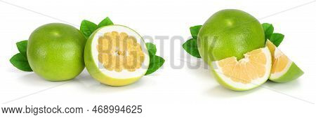 Citrus Sweetie Or Pomelit, Oroblanco With Slices And Leaf Isolated On White Background Close-up