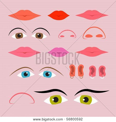Vector Eyes, Mouths, Noses And Ears Set