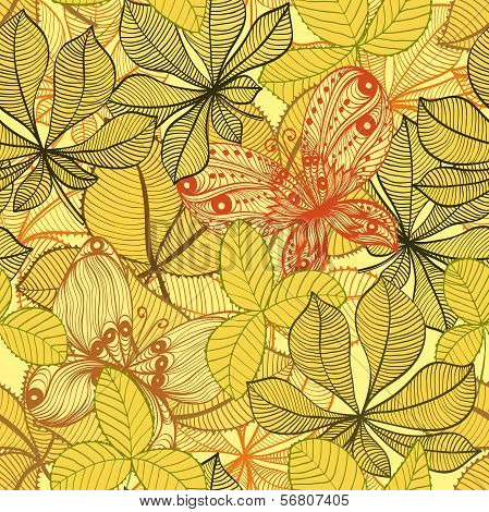 Seamless Hand Drawn Vintage Background With Autumn Leaves And Butterflies
