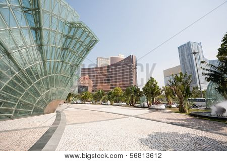 MACAU, CHINA - NOVEMBER 2, 2012: Wynn Casino and Illuminated glass installation in the modern area of Macau. Macau is the gambling capital of Asia and is visited by about 29 million tourists year.