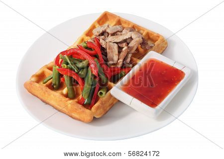 Belgian Waffle With Salad At Green Beans, Peppers And Bacon.