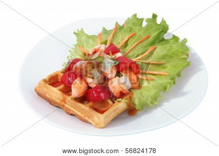 Brussels Waffle On Plate With Lettuce Leaf, Paprika And Fish.