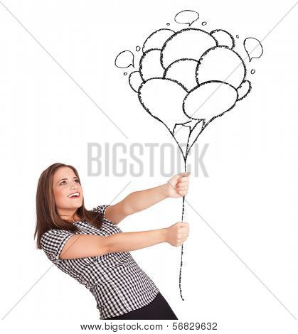 Happy young woman dolding balloons drawing
