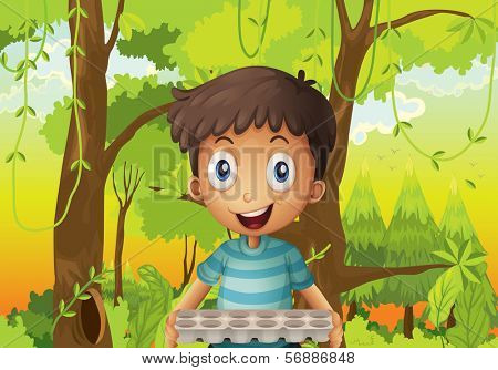 Illustration of a boy holding an empty eggtray in the forest