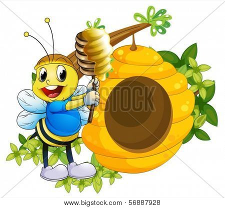 Illustration of a happy bee playing with the honey near the beehive on a white background