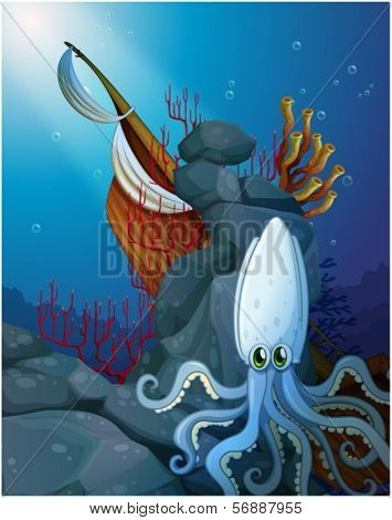 Illustration of an octopus under the sea near the wrecked ship