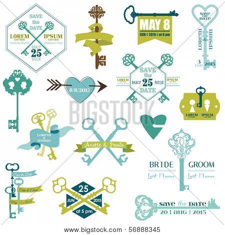 Set of Wedding Cards and Save the date Elements - Key Theme - in vector