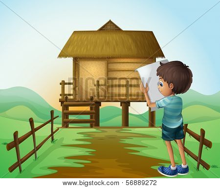 Illustration of a boy with a paper in front of the nipa hut