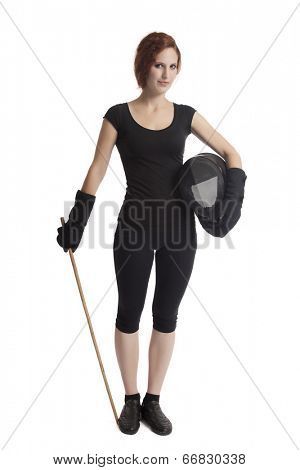 Woman with a fighting stick and a helmet. Isolated on white.