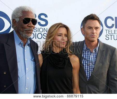 LOS ANGELES - MAY 19:  Morgan Freeman, Tea Leoni, Tim Daly at the CBS Summer Soiree at the London Hotel on May 19, 2014 in West Hollywood, CA