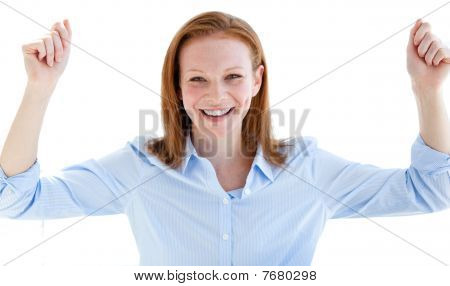 Portrait Of A Nice Business Woman Punching The Air