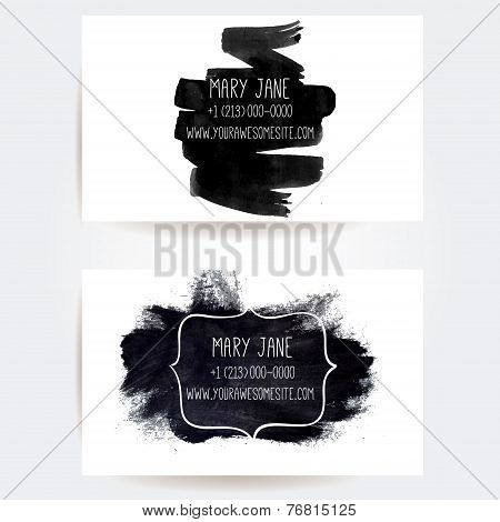 Set of two creative business card templates with artistic vector design. Black ink brush strokes and