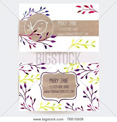Set of two creative business card templates with artistic vector design. Pink and purple watercolor