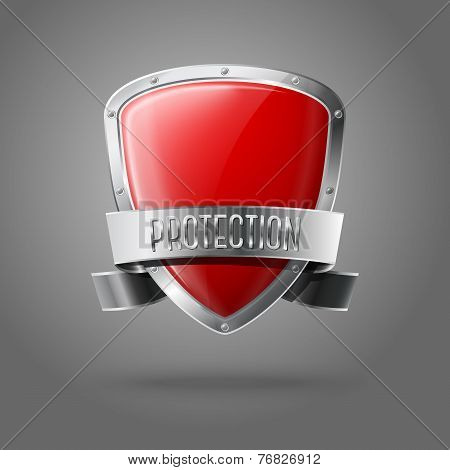 Blank red realistic glossy protection shield with silver ribbon and border isolated on grey backgrou