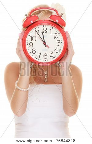 Wedding. Time To Get Married. Bride With Alarm Clock.