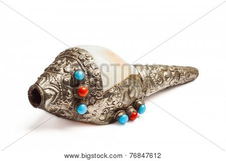 Tibetan Buddhist Conch Shell Horn Dung-Dkar isolated on white