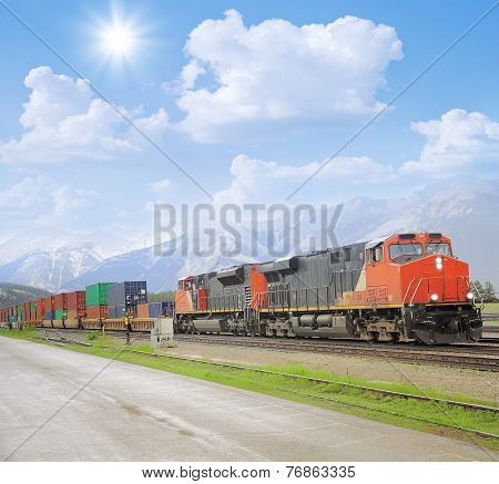 Freight Train In Canadian Rockies.